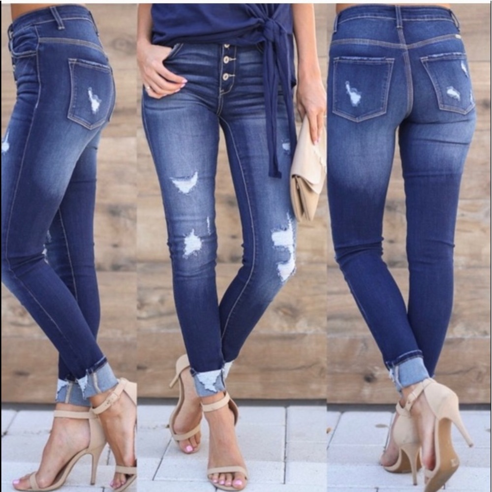 KanCan Skinny Leg Distressed Button Fly Jeans